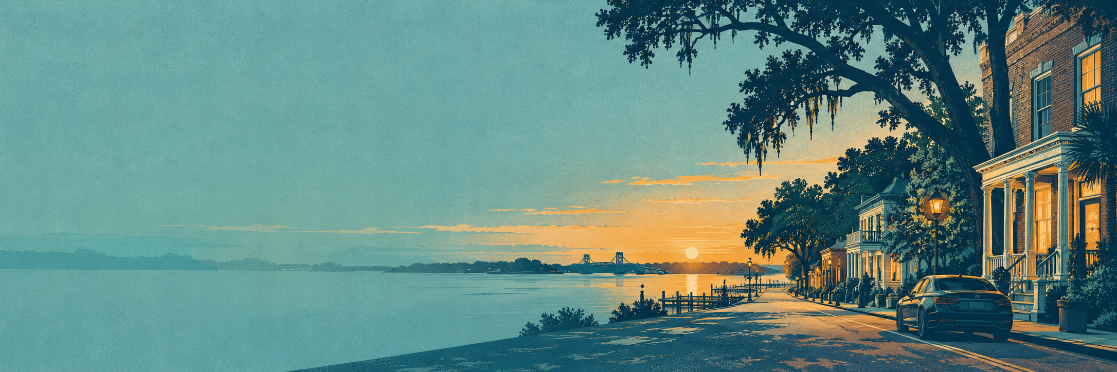 Wilmington-inspired illustration of the riverfront at sunset